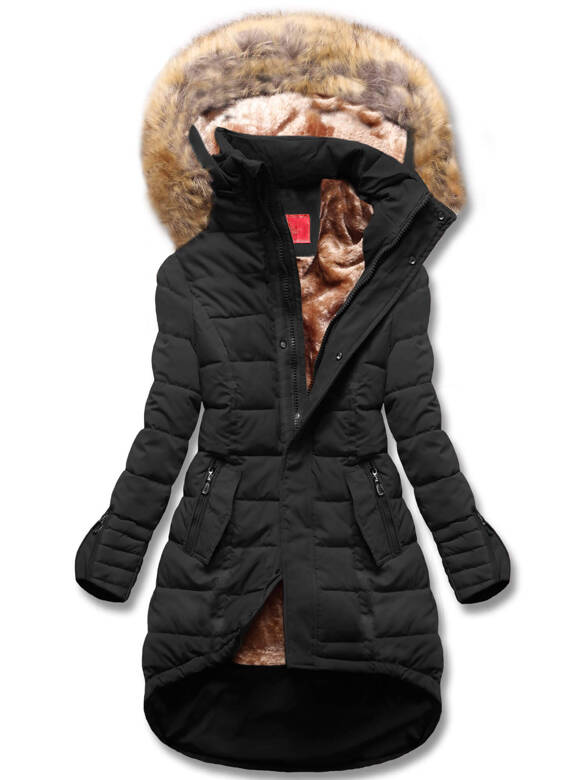 Czarna zimowa bardzo ciepła kurtka płaszczyk dłuższy tył 