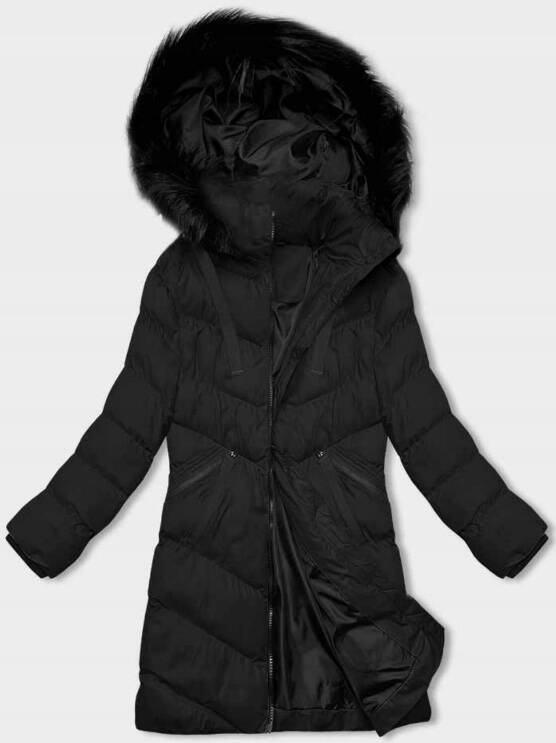 Czarna fenomenalna długa zimowa pikowana kurteczka z kapturem