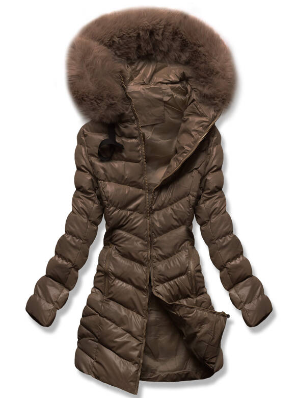 Brązowa zimowa pikowana w jodełkę kurtka płaszczyk z kapturem