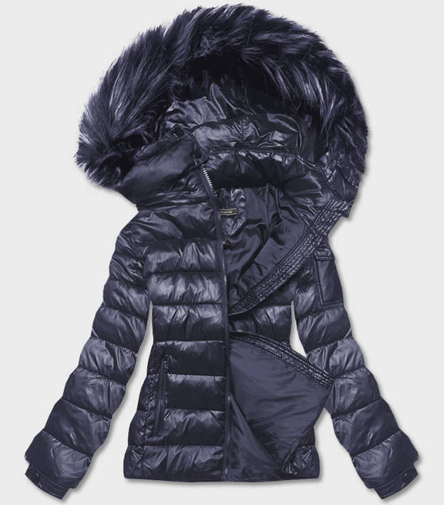 Granatowa krótka zimowa pikowana kurtka z kapturem