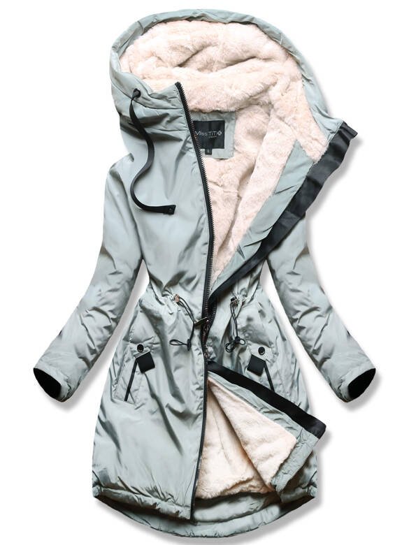 Jeanozielona zimowa ciepła kurtka damska na futrze z kapturem