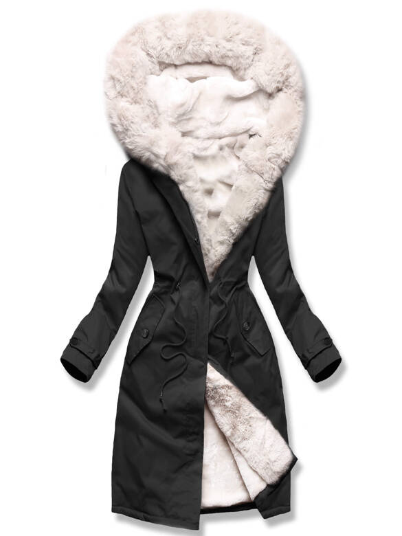 Czarno beżowa fenomenalna zimowa parka płaszcz na futrze