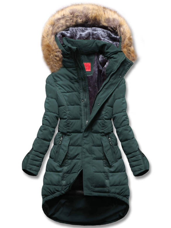 Zielona zimowa bardzo ciepła kurtka płaszczyk dłuższy tył 