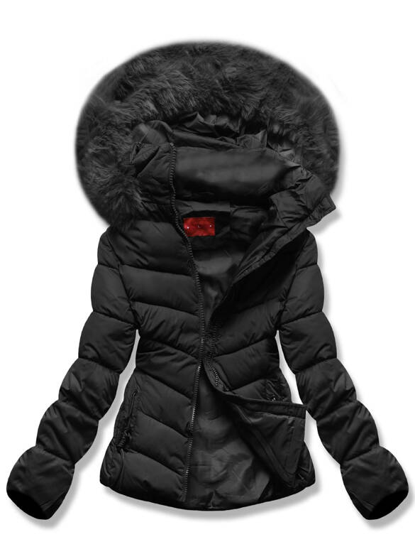 Czarna zimowa puchowa pikowana kurtka z futerkiem