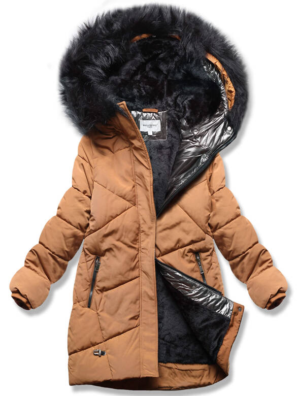 Karmelowa zimowa pikowana kurtka futro ze srebrną wstawką
