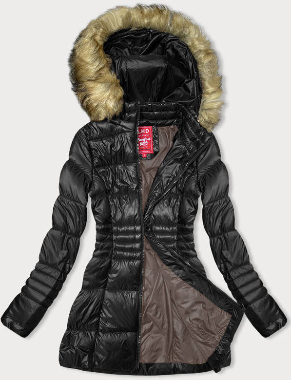 Czarny długi płaszczyk kurtka zimowa z kapturem