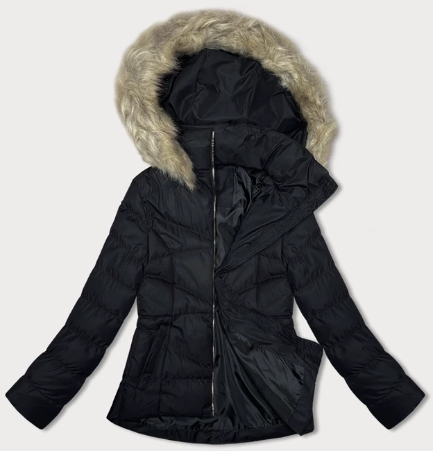 Czarna krótka pikowana zimowa kurtka z kapturem 