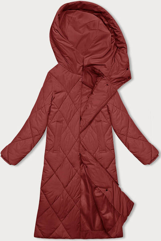 Czerwony pikowany w karo płaszczyk zimowy z kapturem