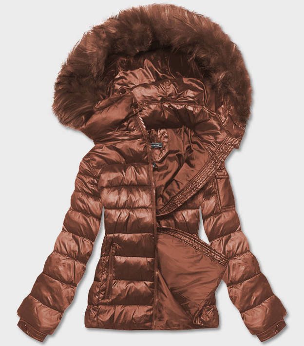 Brązowa krótka zimowa pikowana kurtka z kapturem