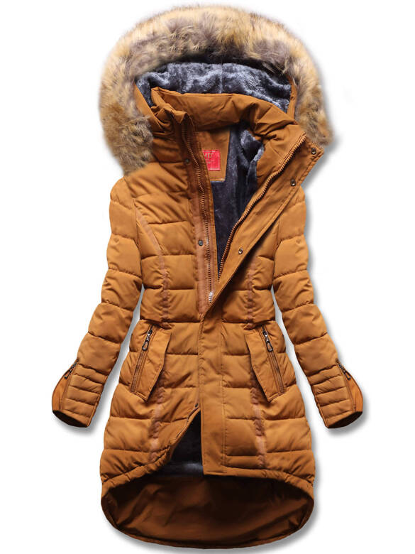 Karmelowa zimowa bardzo ciepła kurtka płaszczyk dłuższy tył