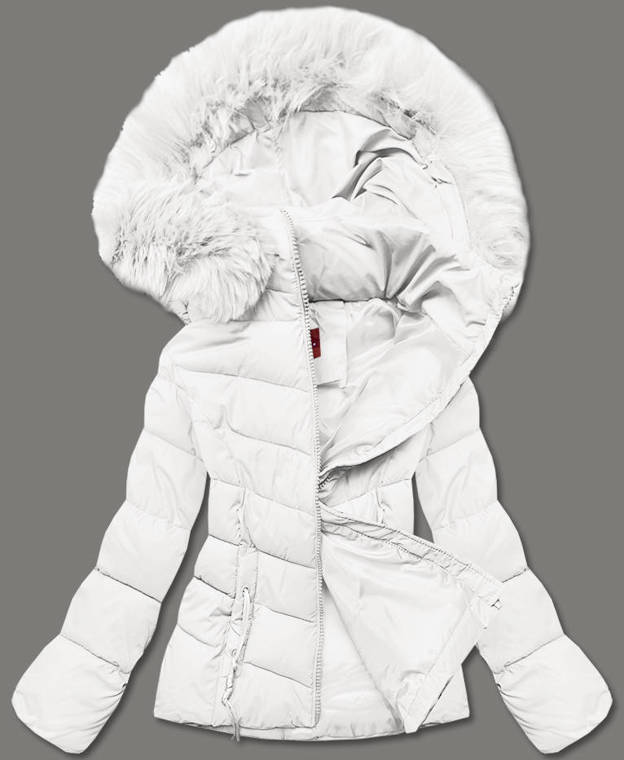 Biała zimowa puchowa pikowana kurtka z futerkiem