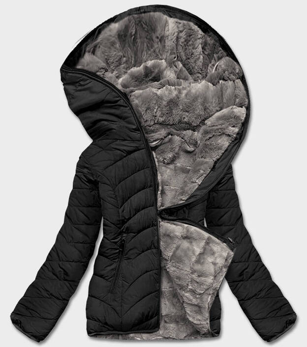 Czarna dwustronna zimowa pikowana kurtka futerko szare
