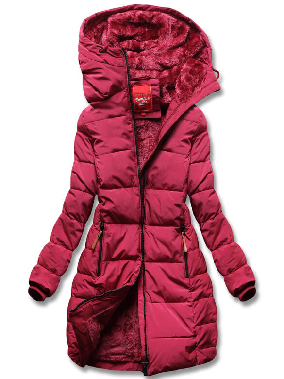 Ciemno czerwona czaderska długa pikowana zimowa kurtka płaszczyk ocieplana misiem