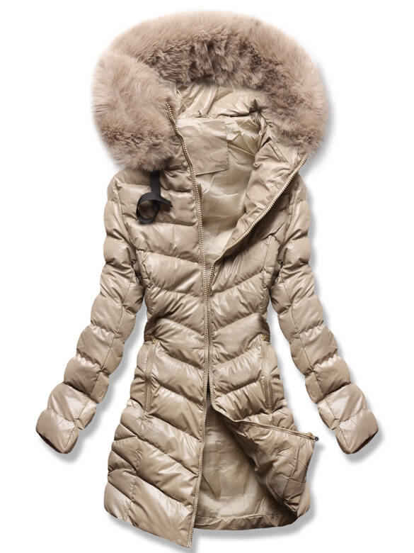 Beżowa zimowa pikowana w jodełkę kurtka płaszczyk z kapturem