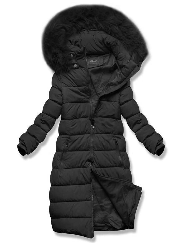 Czarny długi zimowy pikowany płaszczyk kurtka z kapturem