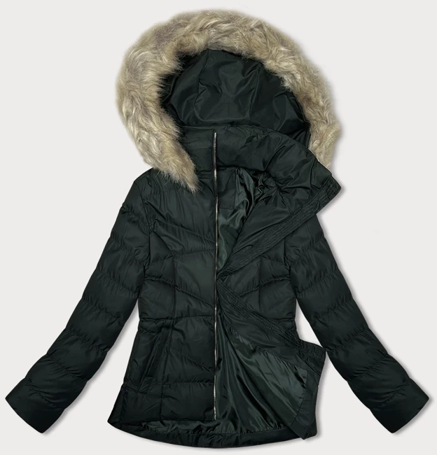 Ciemnozielona krótka pikowana zimowa kurtka z kapturem 