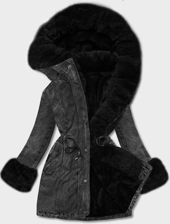 Czarna jeansowa zimowa kurtka płaszczyk futro
