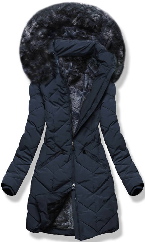 Granatowa zimowa ciepła pikowana w jodełkę kurtka płaszczyk z kapturem