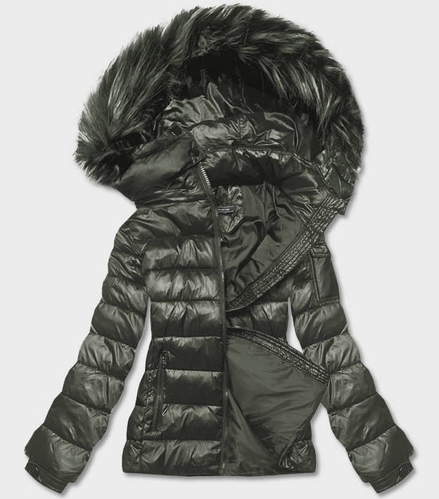 Khaki krótka zimowa pikowana kurtka z kapturem