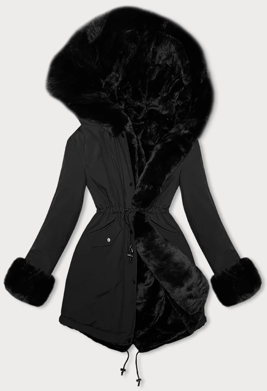 Czarna dwustronna zimowa parka płaszcz na futrze 