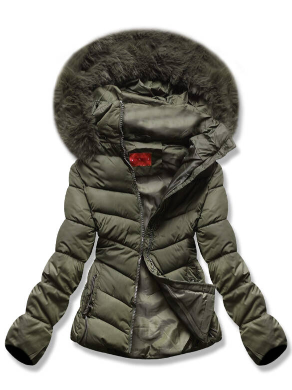 Ciemnozielona zimowa puchowa pikowana kurtka z futerkiem