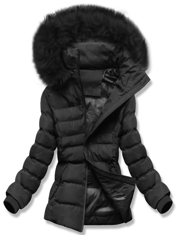 Czarna fantastyczna pikowana zimowa kurteczka z futerkiem