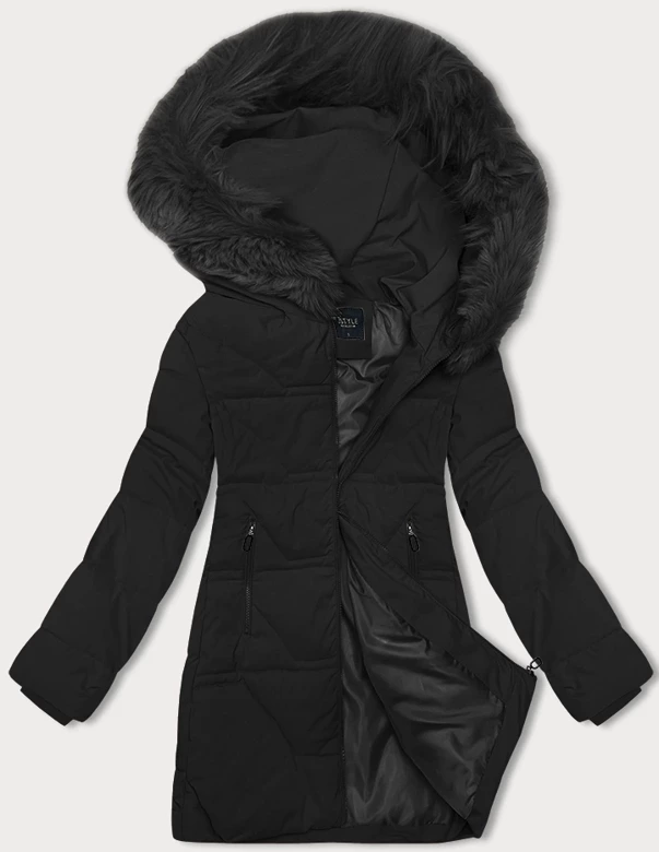 Czarna pikowana zimowa kurtka z kapturem