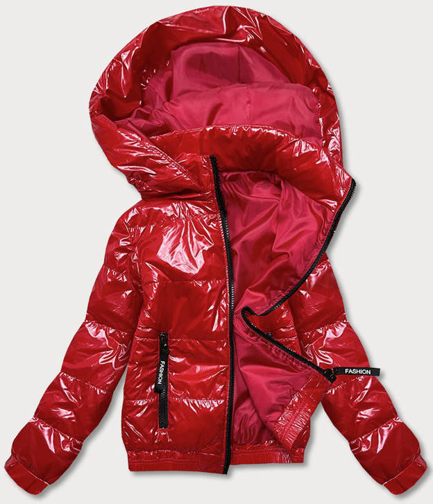 Czerwona krótka lakierowana modna pikowana kurtka damska