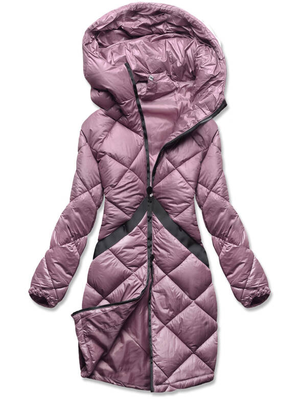 Fioletowa zimowa kurtka pikowana płaszczyk z kapturem