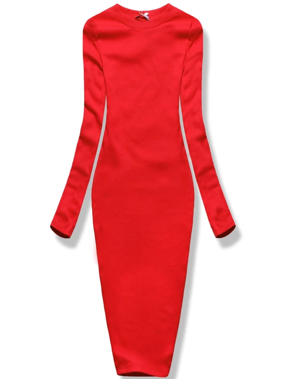 Czerwona klasyczna, prążkowana sukienka, basic elegance z długim rękawem