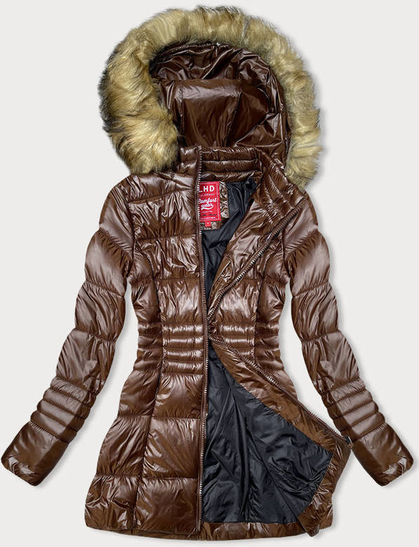 Brązowy długi płaszczyk kurtka zimowa z kapturem