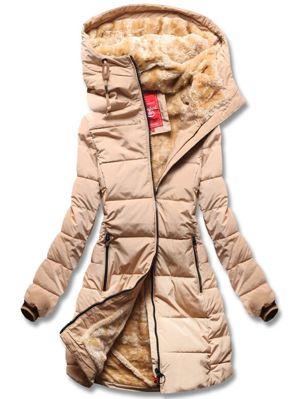 Beżowa czaderska długa pikowana zimowa kurtka płaszczyk ocieplana misiem