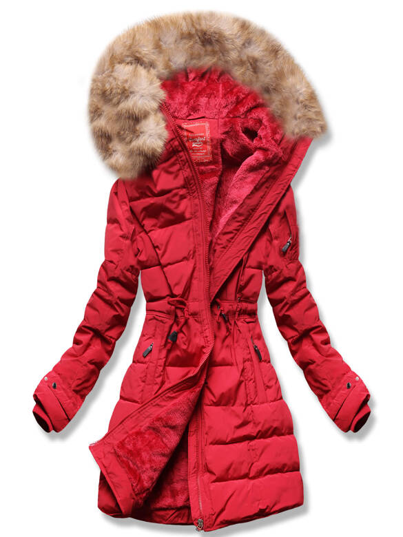Czerwona zimowa genialna ocieplana zimowa kurtka płaszczyk z kapturem futerko 