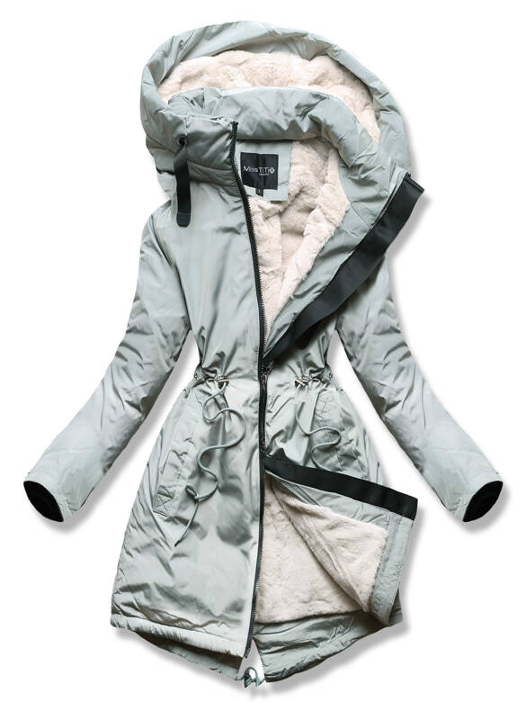 Jasnozielona zimowa ciepła kurtka damska na futrze z kołnierzem