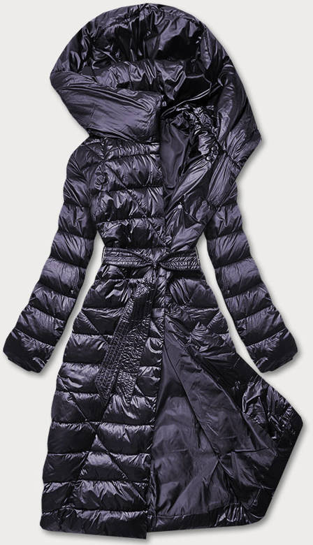 Fioletowy cudowny długi płaszcz kurtka pikowana z kapturem