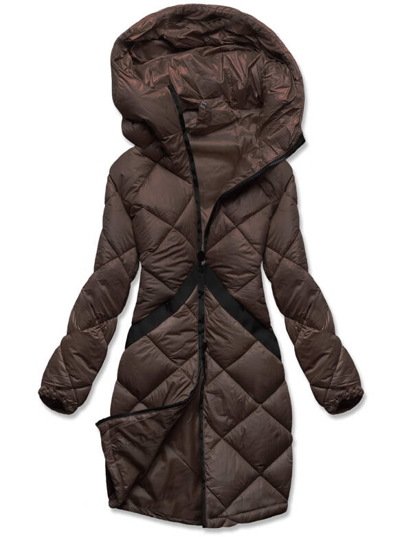Brązowa zimowa kurtka pikowana płaszczyk z kapturem