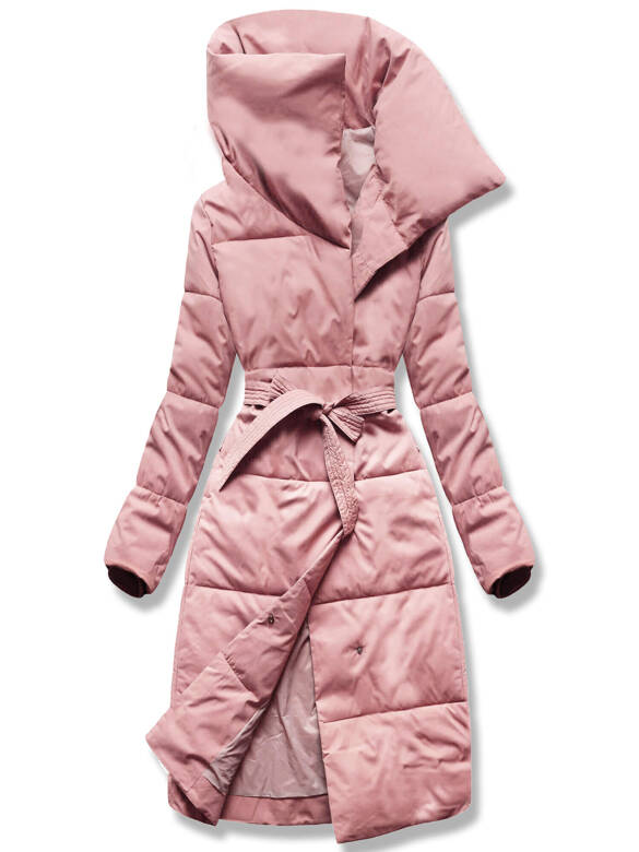 Różowa długa zimowa kurtka płaszczyk z kołnierzem