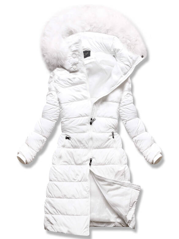 Biały długi zimowy pikowany płaszczyk kurtka z kapturem