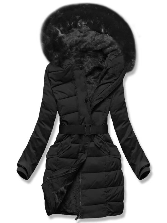 Czarna puchowa pikowana kurtka z kapturem i paskiem