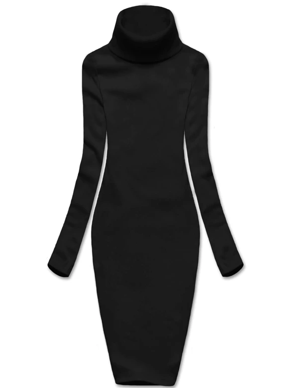 Czarna, elegancka, prążkowana sukienka klasyczna, basic z golfem