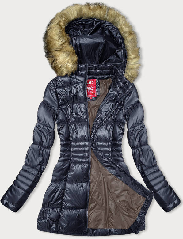 Granatowy długi płaszczyk kurtka zimowa z kapturem