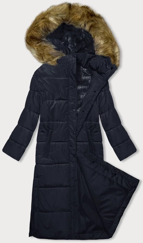 Granatowy genialny zimowy damski płaszcz z kapturem
