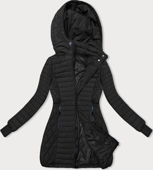 Czarna przejściowa długa pikowana kurtka płaszczyk z odpinanym kapturem