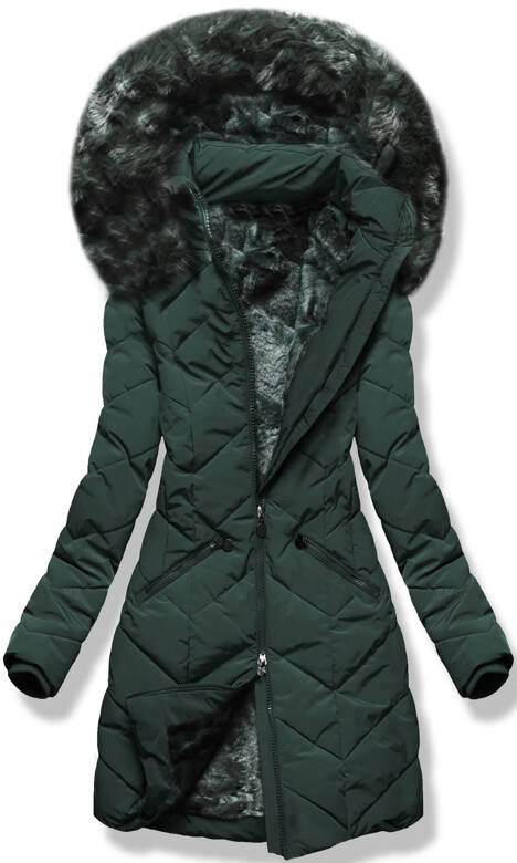 Zielona zimowa ciepła pikowana w jodełkę kurtka płaszczyk z kapturem