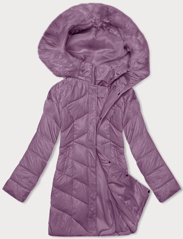 Fioletowa kapitalnie pikowana zimowa kurtka z futerkiem 