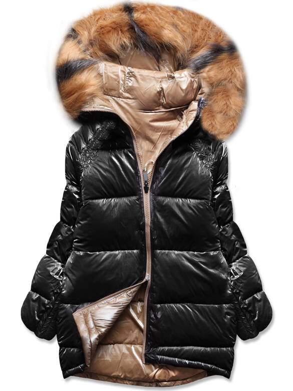 Beżowo czarna dwustronna zimowa czadowa kurtka