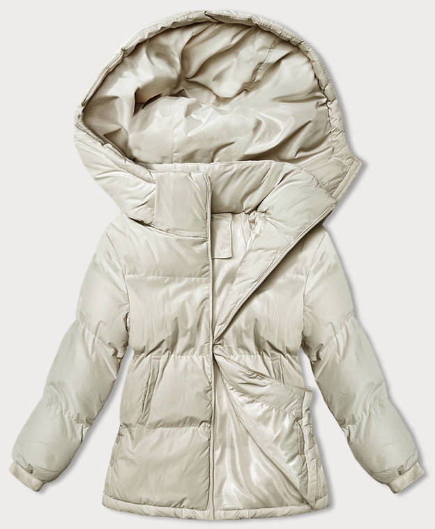 Bezowa zimowa krótka pikowana kurtka z kapturem