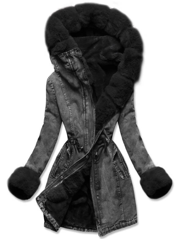 Czarna jeansowa zimowa kurtka płaszczyk futro