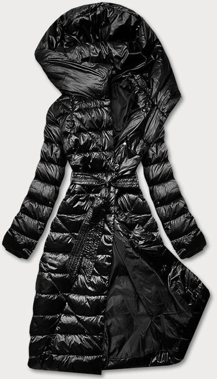 Czarny cudowny długi płaszcz kurtka pikowana z kapturem