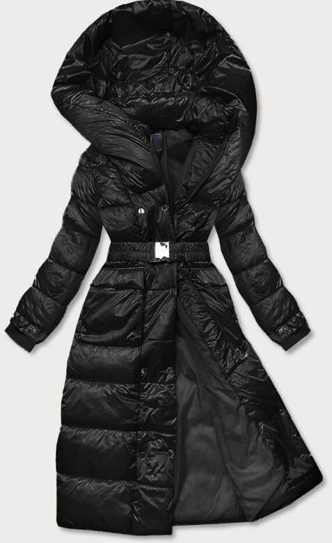 Czarna zimowa długa kurtka damska płaszczyk z paskiem
